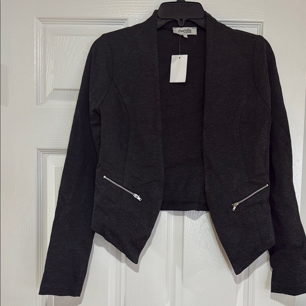 Charlotte Russe Black Asymmetrical Blazer with Zipper Accents